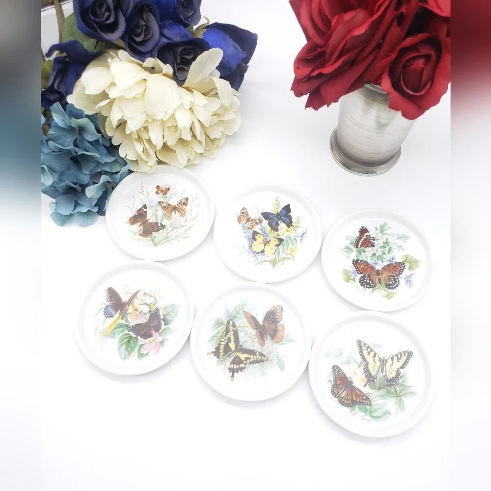 Vintage Homles Gray Ceramic Butterfly Coasters Signed Set of 6